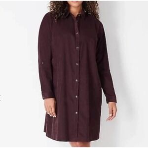 J Jill Corduroy Women's Sz Mp Brown Burgundy Button Front Long Sleeve Midi Dress